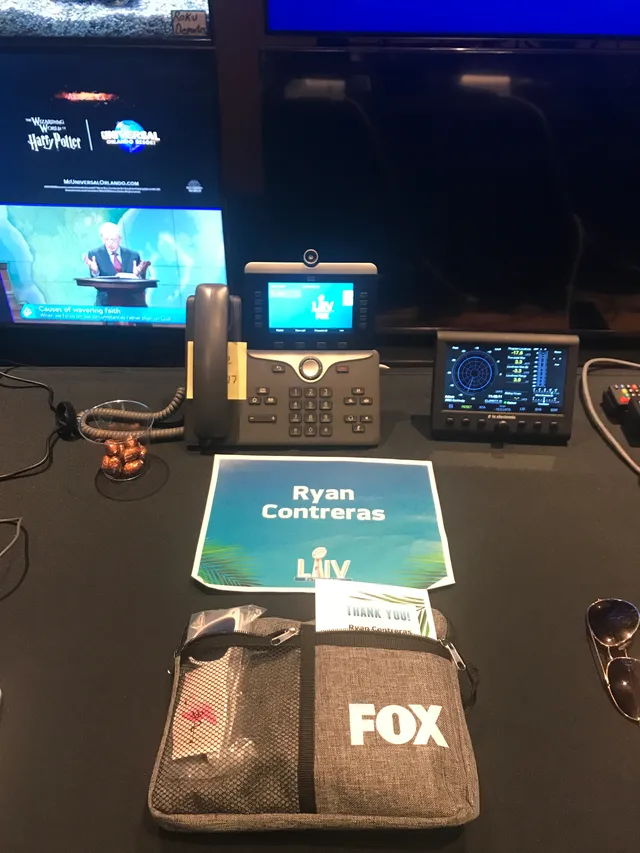 Super Bowl LIV operator desk with Ryan Contreras name card